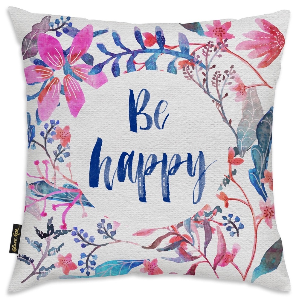 Oliver Gal "Be Happy" Botanical Throw Pillow – Colorful Blue Pink NWOT